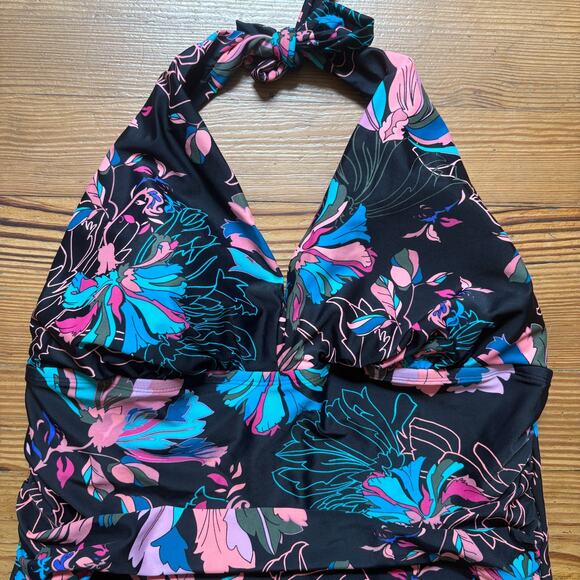 Time and Tru black neon floral padded halter top maternity one piece SIZE XL - Picture 2 of 5